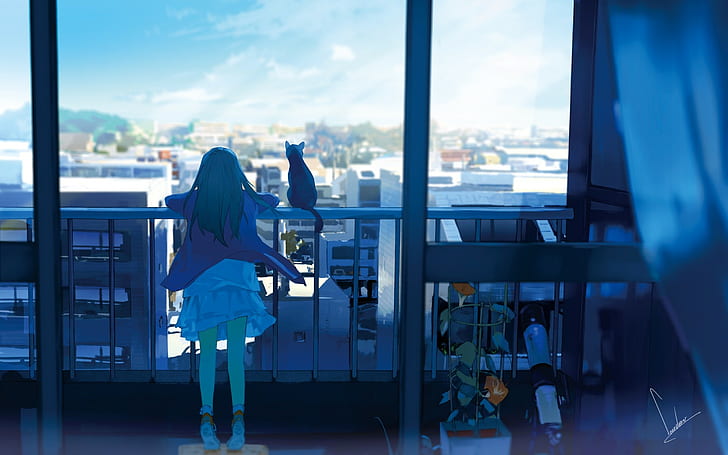 cat, balcony, window, city, anime girls, sky, original characters, HD wallpaper