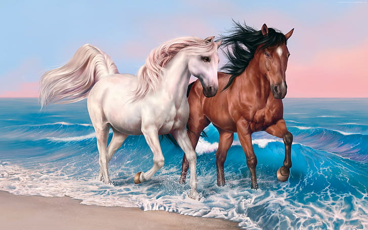 4k, ocean, sunset, horses, run, brown, white, sea