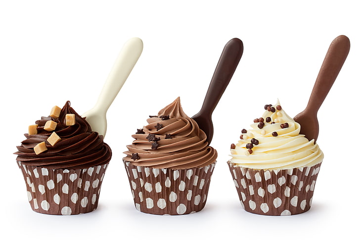 food, sweets, spoon, chocolate, cupcakes, white background