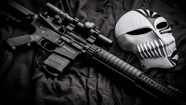 weapon, darkness, black and white, mask, gun