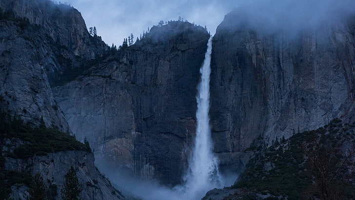 gray mountain, landscape, nature, waterfall, cliff, mist, scenics - nature, HD wallpaper