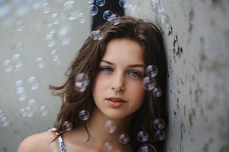 women, face, portrait, David Olkarny, bubbles, blue eyes, wall, HD wallpaper