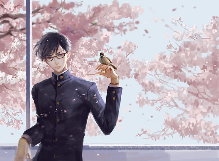 HD wallpaper: sakamoto desu ga, sakura blossom, male school uniform,  glasses | Wallpaper Flare