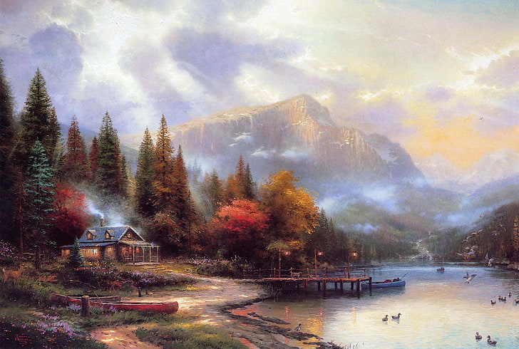 house and tree painting, autumn, mountains, river, Thomas Kinkade
