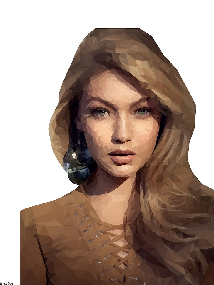 illustration of brown haired woman, low poly, Gigi Hadid, white background, HD wallpaper