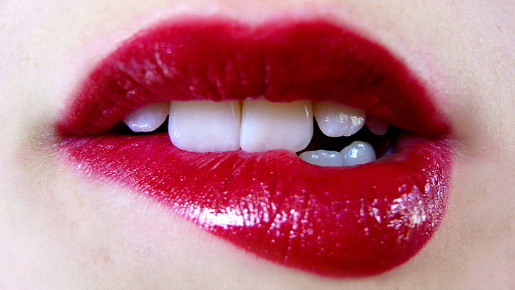 bite, lips, lipstick, tooth, HD wallpaper