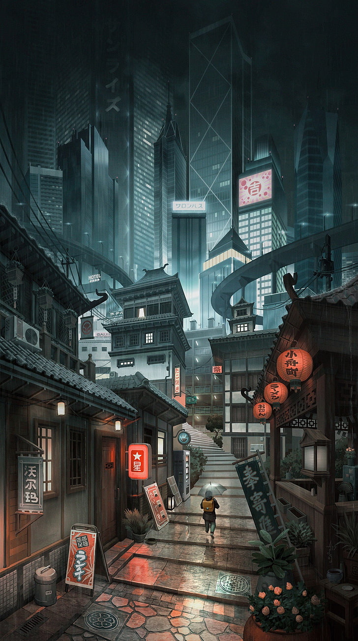Alleyway, artwork, city, Cityscape, digital art, Japan, Skyscraper, HD wallpaper