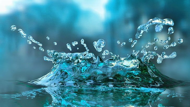 water, splash, drop, waterdrop, blue, droplets, drops, reflection, HD wallpaper