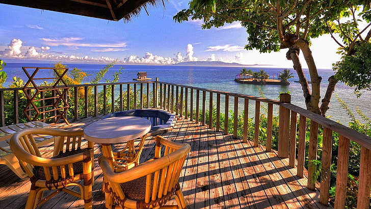 Pacific Ocean, beach, balcony, trees, water, chair, nature, HD wallpaper