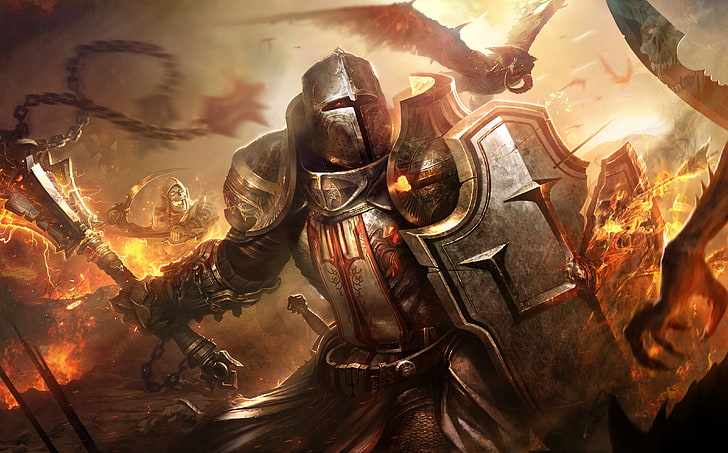 templar illustration, armor, warrior, helmet, demons, Diablo 3