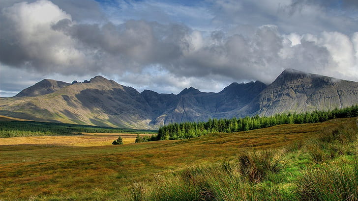 Scotland scenery, sky, clouds, mountains, slope, trees, grass, HD wallpaper