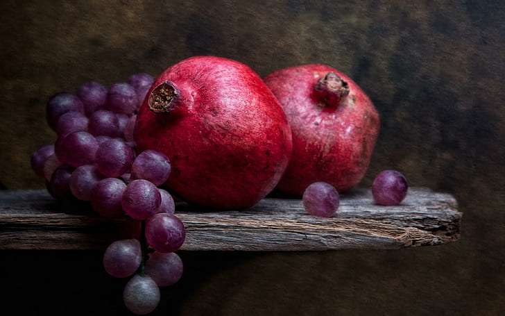 Pomegranates and grapes, two pomegranate fruit painting, photography