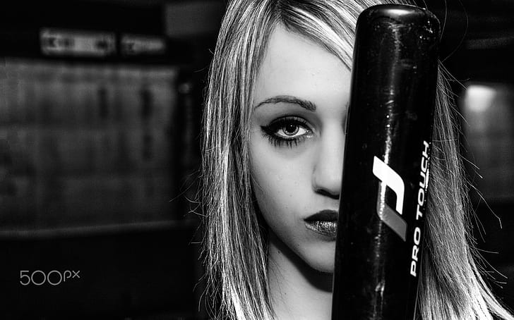 face, baseball bat, women, 500px, monochrome