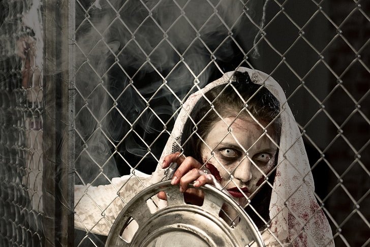 women, model, horror, zombies, cosplay, chainlink fence, one person