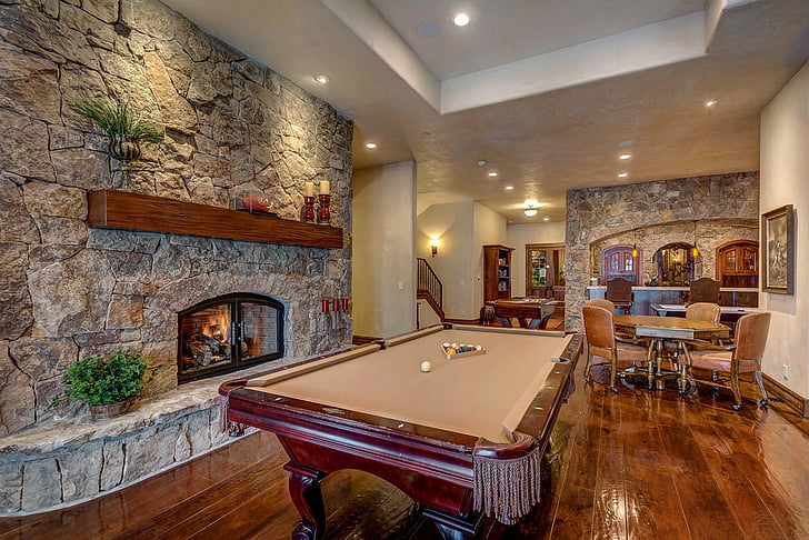 Man Made, Room, Bar, Fireplace, Pool Table, Pot Plant, Snooker, HD wallpaper