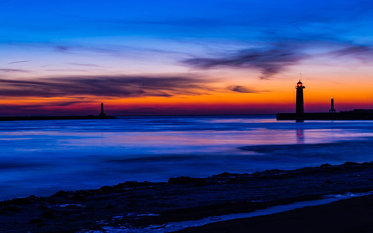 USA, Michigan, sea, beach, lighthouse, night, blue and orange sky, sunset, clouds, lighthouse