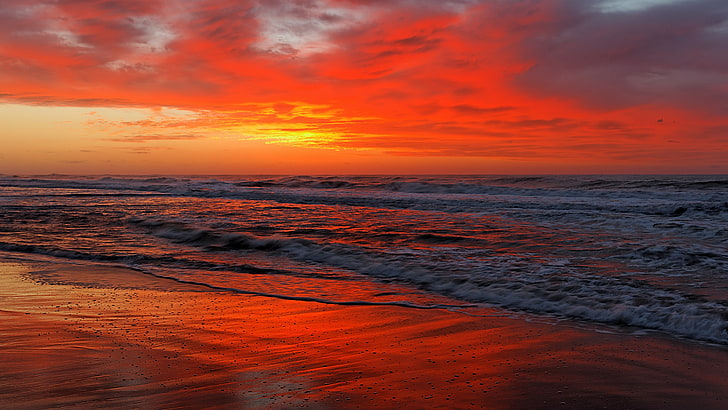HD wallpaper: horizon, sea, sky, sunset, afterglow, ocean, red sky ...