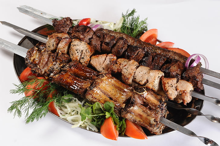 barbecue, greens, stick, food, bow, meat, tomatoes, parsley, kebab, HD wallpaper