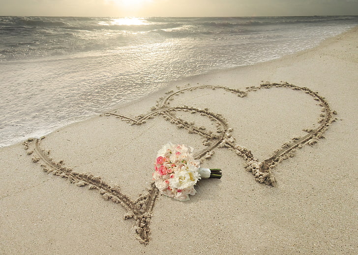 love image, beach, heart, 8k, HD wallpaper