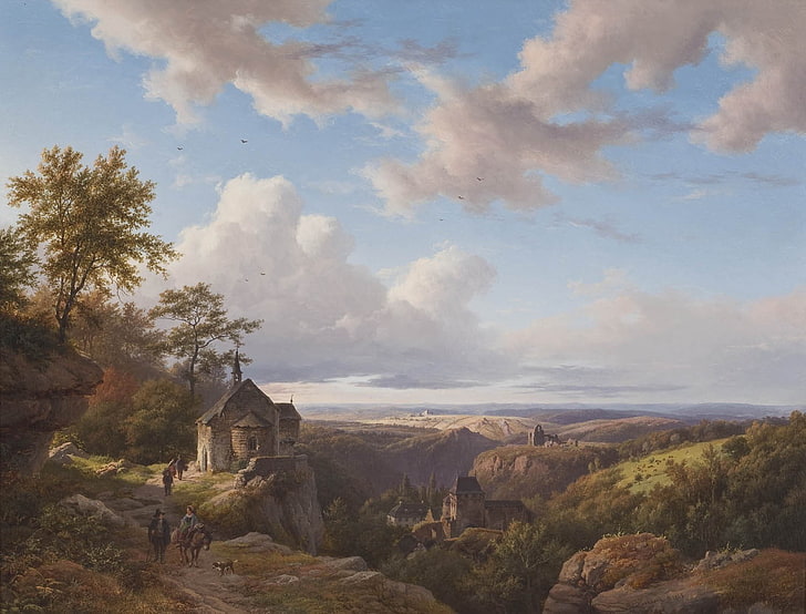 painting, classic art, clouds, church, landscape, horse, cloud - sky