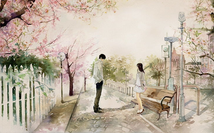 Couple in the park, Date, bench, anime, 1920x1200, 4k love pic, HD wallpaper
