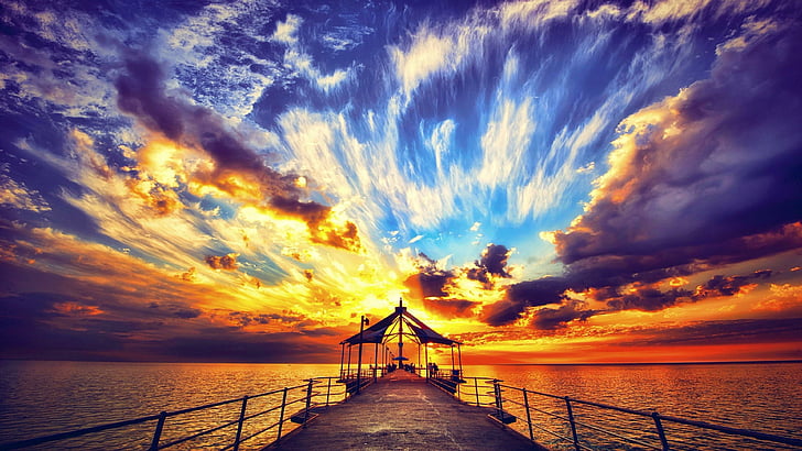 sunset, sky, pier, romantic, cloud, horizon, nature, sea, afterglow, HD wallpaper
