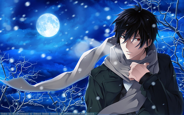 HD wallpaper: black haired male anime character, snow, night, the moon,  scarf | Wallpaper Flare