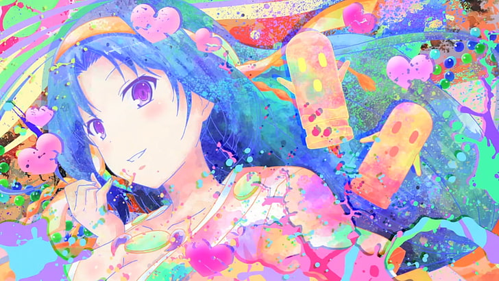 female cartoon character with blue hair, Invaders of Rokujouma, HD wallpaper