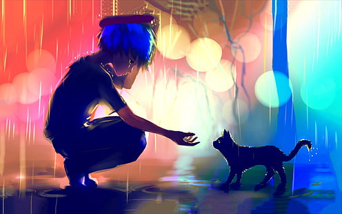 HD wallpaper: cat, rain, anime, animals, blue hair, anime girls, mammal,  domestic animals | Wallpaper Flare