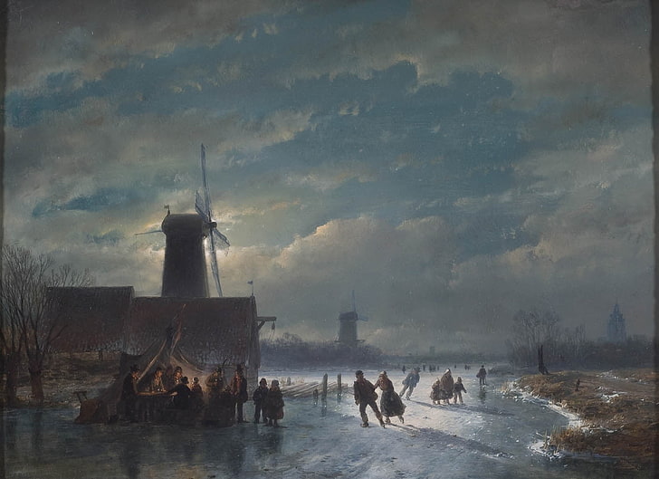 man gathering near windmill painting, tent, skates, winter, classic art