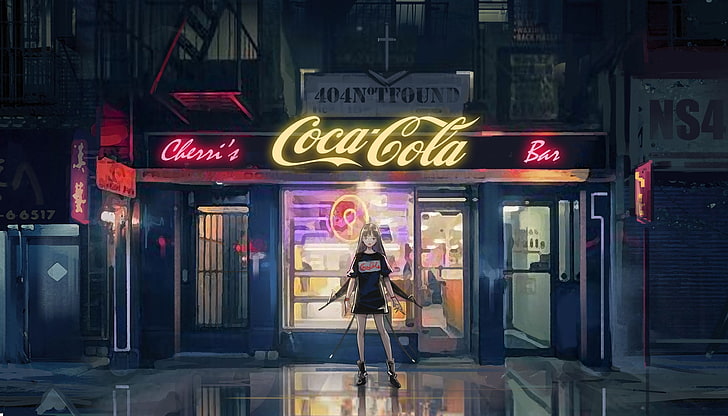 brown haired female anime character, Coca-Cola, night, anime girls