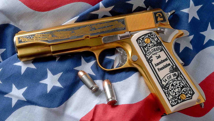 gun, weapons, golden, engraving, custom, M1911, M1911 pistol