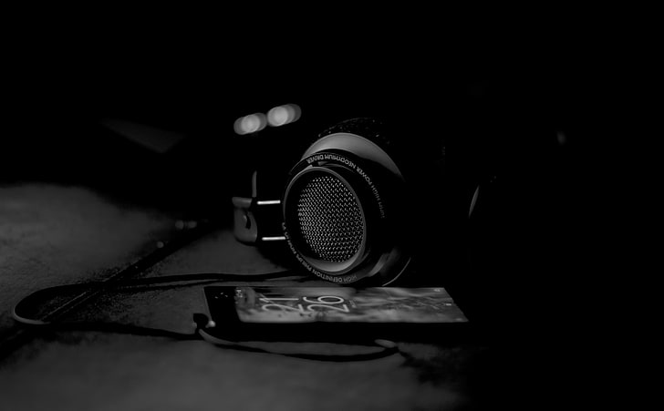 Headphones, Black and White, black headphones, Music, Macro, smartphone, HD wallpaper