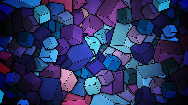 multicolored cubes illustration, geometry, digital art, blue