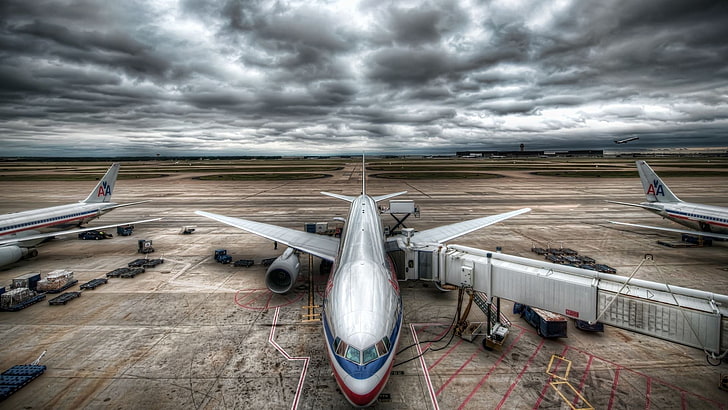 HDR, sky, airplane, aircraft, airport, clouds, planes, vehicle, HD wallpaper
