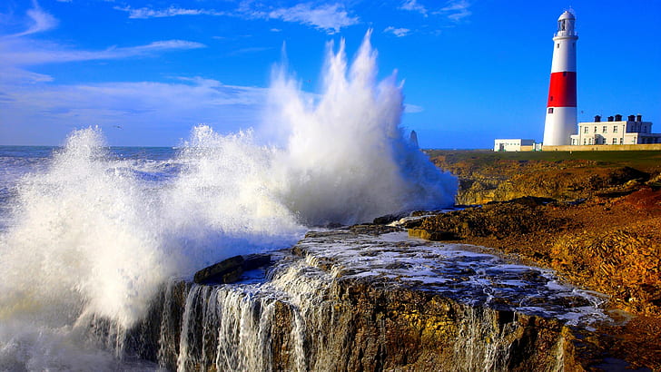 Sea, storm, lighthous, rocks, the sky, lighthouse, squirt, HD wallpaper