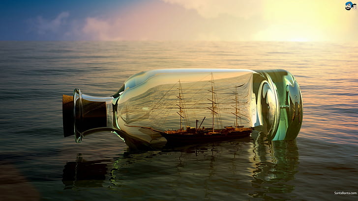 ship in a bottle, bottles, water, sky, sea, sunset, beauty in nature, HD wallpaper