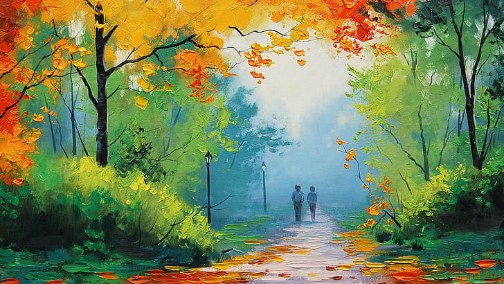 path, artwork, leaves, painting, park, blue, fall, Graham Gercken