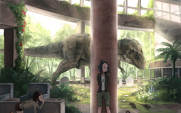 anime girls, dinosaur, building, scared, representation, sculpture, HD wallpaper