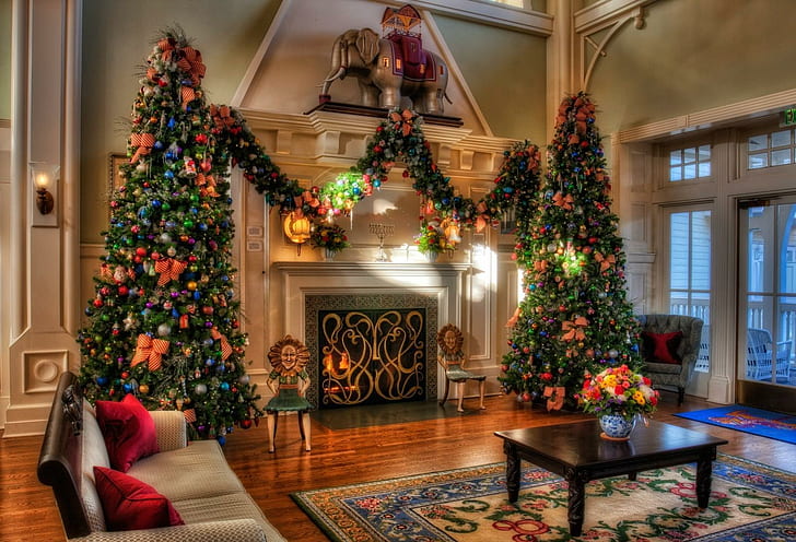 christmas trees, holiday, decorations, fireplace, home, comfort, interior, green christmas decor