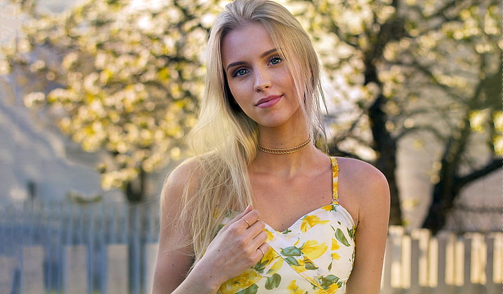women's white, green, and yellow floral spaghetti strap top, portrait, HD wallpaper