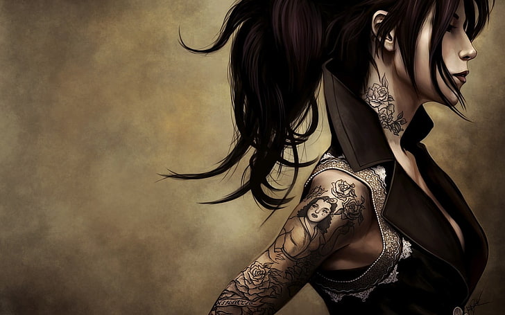 woman wearing black top painting, women, tattoo, artwork, digital art