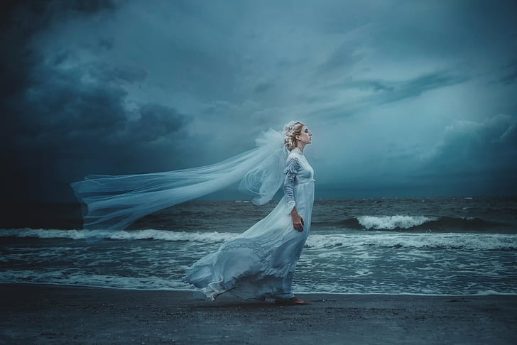 women, sea, brides, profile, windy