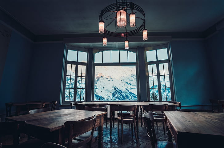 window, table, mountains, snowy peak