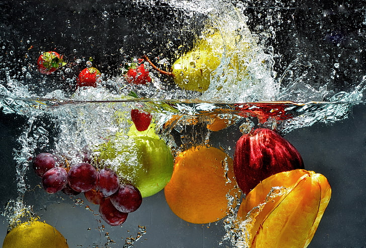 assorted fruits, water, squirt, berries, food, healthy eating, HD wallpaper