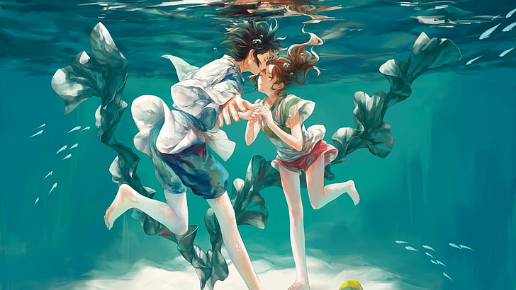 Haku and Chihiro from Spirited Away, manga, water, underwater