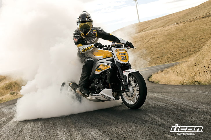 black and yellow dirt bike, motorcycle, Triumph, icon, drift, HD wallpaper