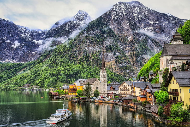mountains, lake, building, home, Austria, Alps, Church, town, HD wallpaper