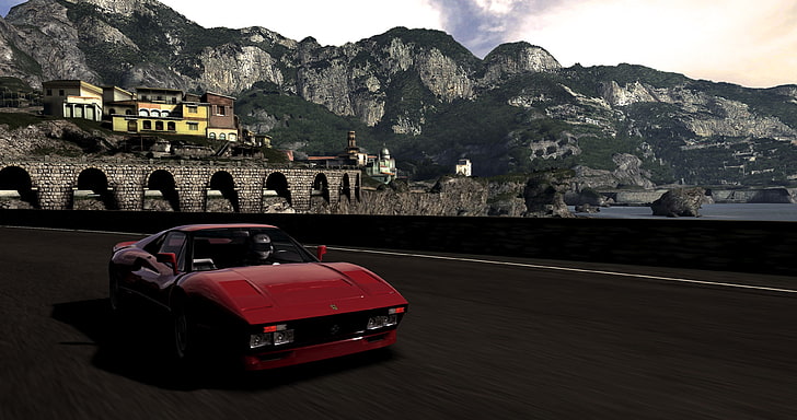 red super car on gray road with view of gray concrete bridge, HD wallpaper