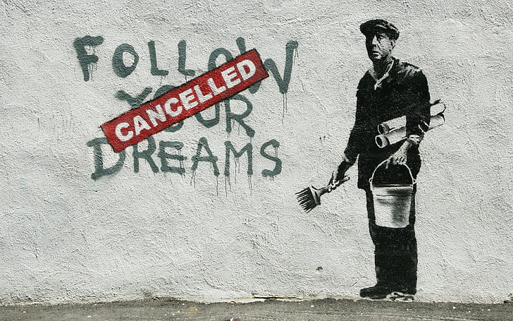 Banksy, graffiti, painting, men, typography, HD wallpaper